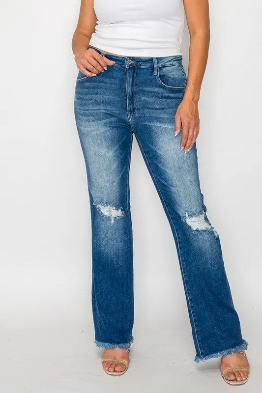 High Rise Distressed Raw Bootcut Jeans -