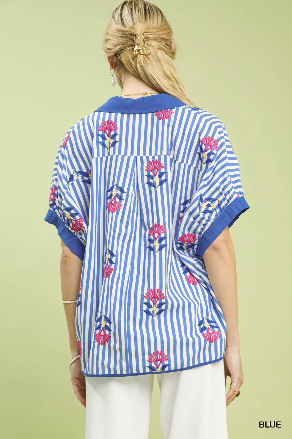 Striped Embroidered Button Front Boho Blouse -