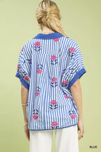 Striped Embroidered Button Front Boho Blouse -