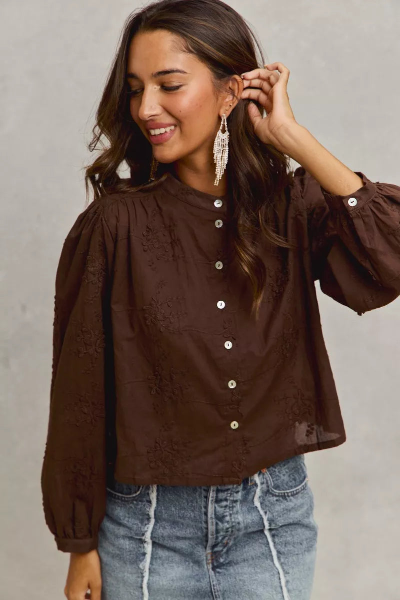 3D Floral Woven Button Front Shirt -