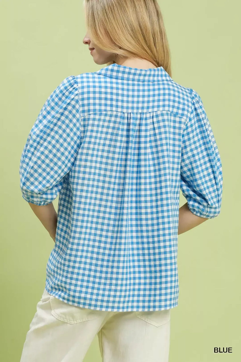 Blue Gingham Collared Puff Sleeve Blouse -