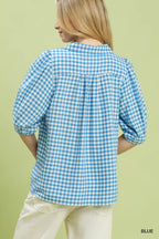 Blue Gingham Collared Puff Sleeve Blouse -