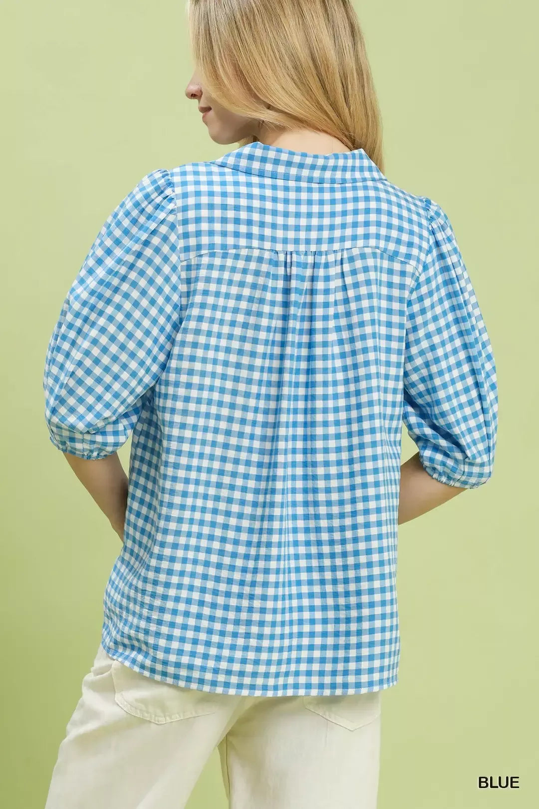 Blue Gingham Collared Puff Sleeve Blouse -