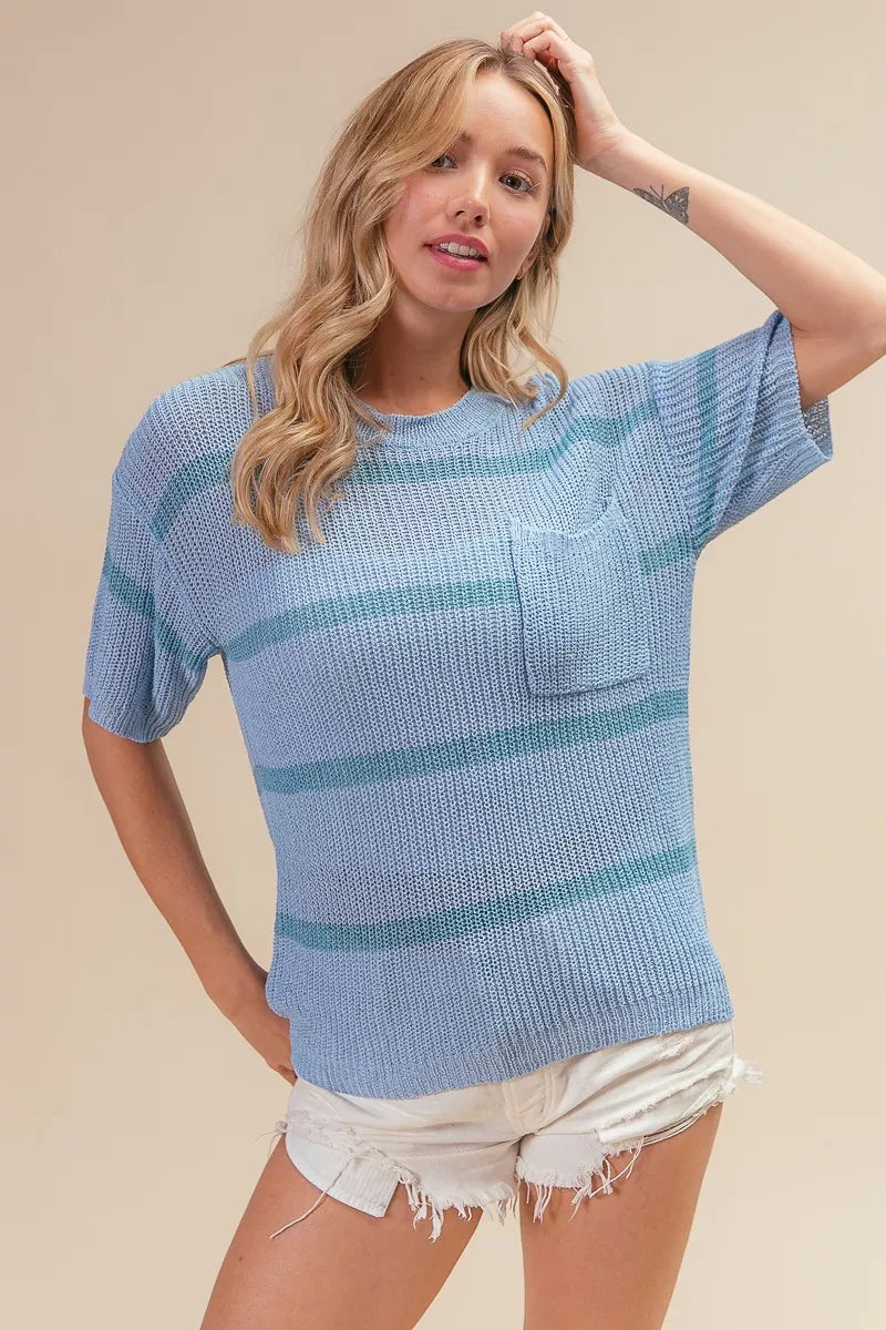 Patch Pocket Striped Lightweight Sweater -