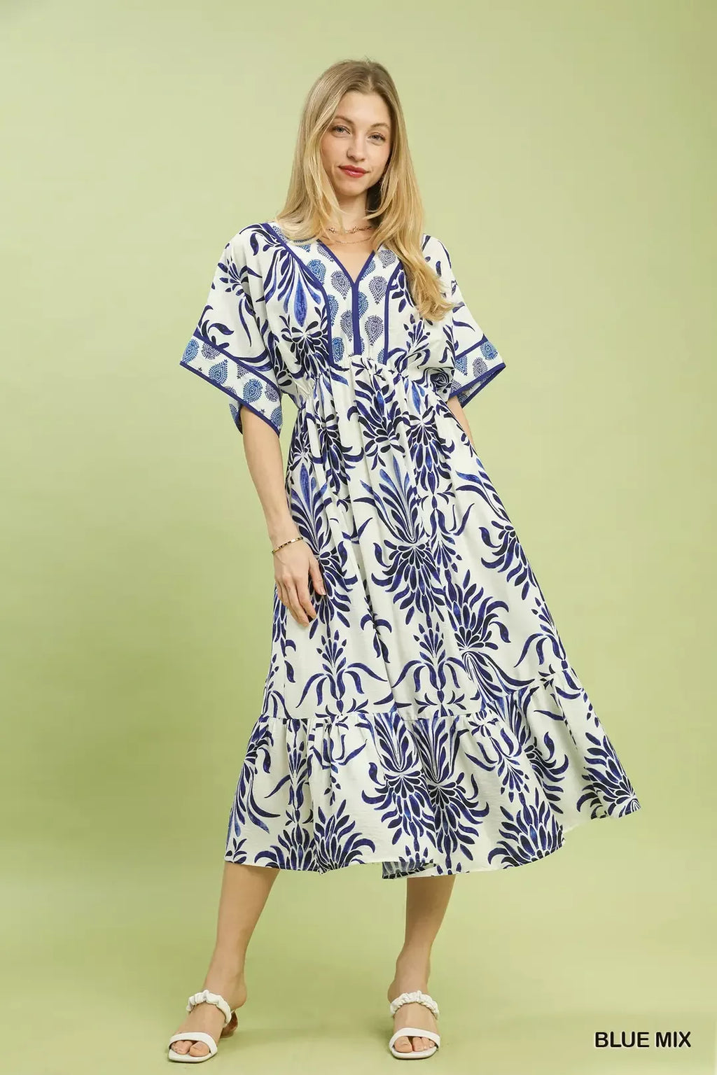 Floral Border Pocket Midi Dress - BLUE MIX