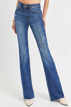 Distressed Mid Rise Flare Leg Jeans -