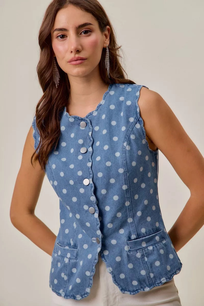 Polka Dot Scalloped Denim Vest -