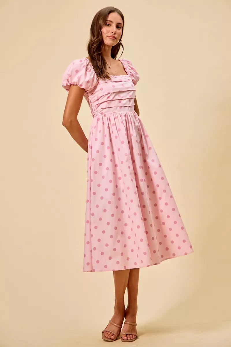 Polka Dot Puff Sleeve Midi Dress -