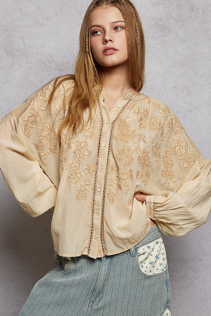 Embroidered Washed Button Down Shirt - ALMOND