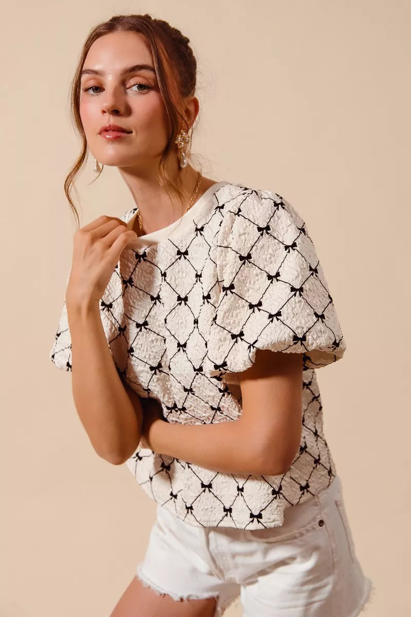 Textured Bubble Sleeve Woven Top -
