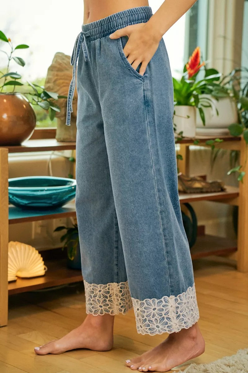 Lace Trim Wide Leg Pants -