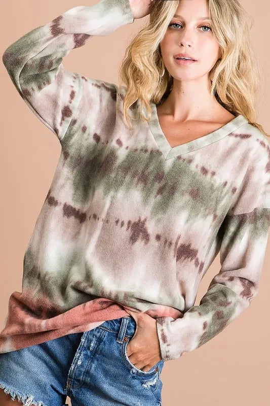 Brushed Tie Dye V Neck Top -