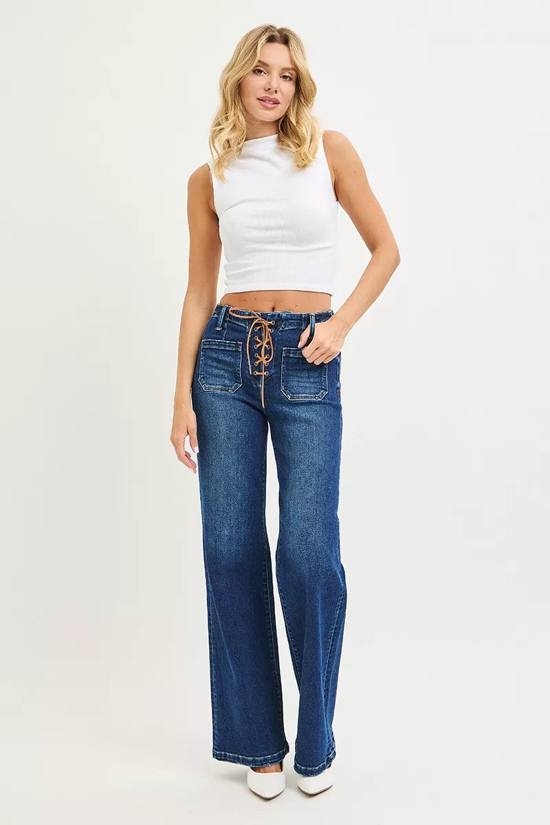 Front Lace Up Wide Leg Jeans - DARK