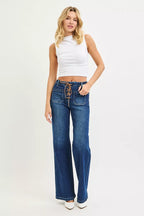 Front Lace Up Wide Leg Jeans - DARK