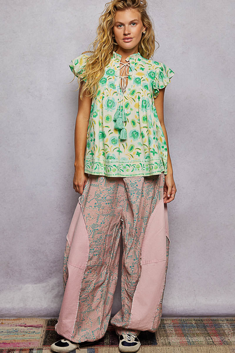 Floral Tassel Tie Flutter Blouse -