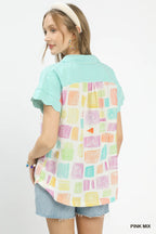 Mixed Print Collared Button Blouse -