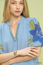 Floral Sleeve Jacquard Blouse -