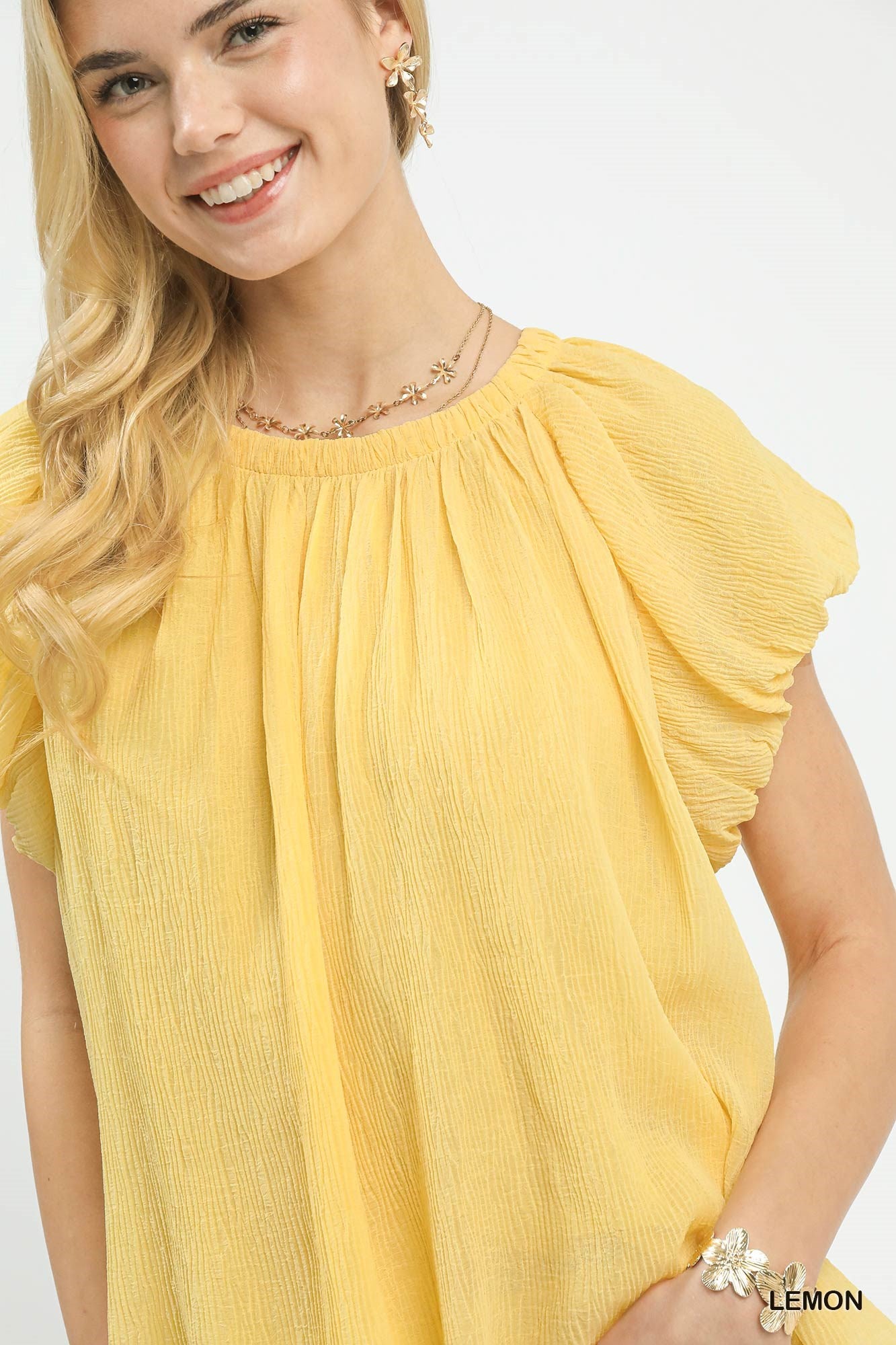 Lemon Crinkle Flutter Sleeve Blouse -