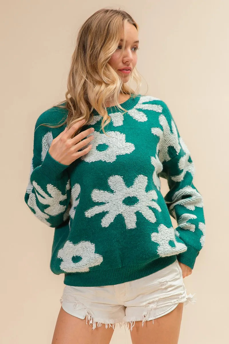 Flower Pattern Long Sleeve Sweater -