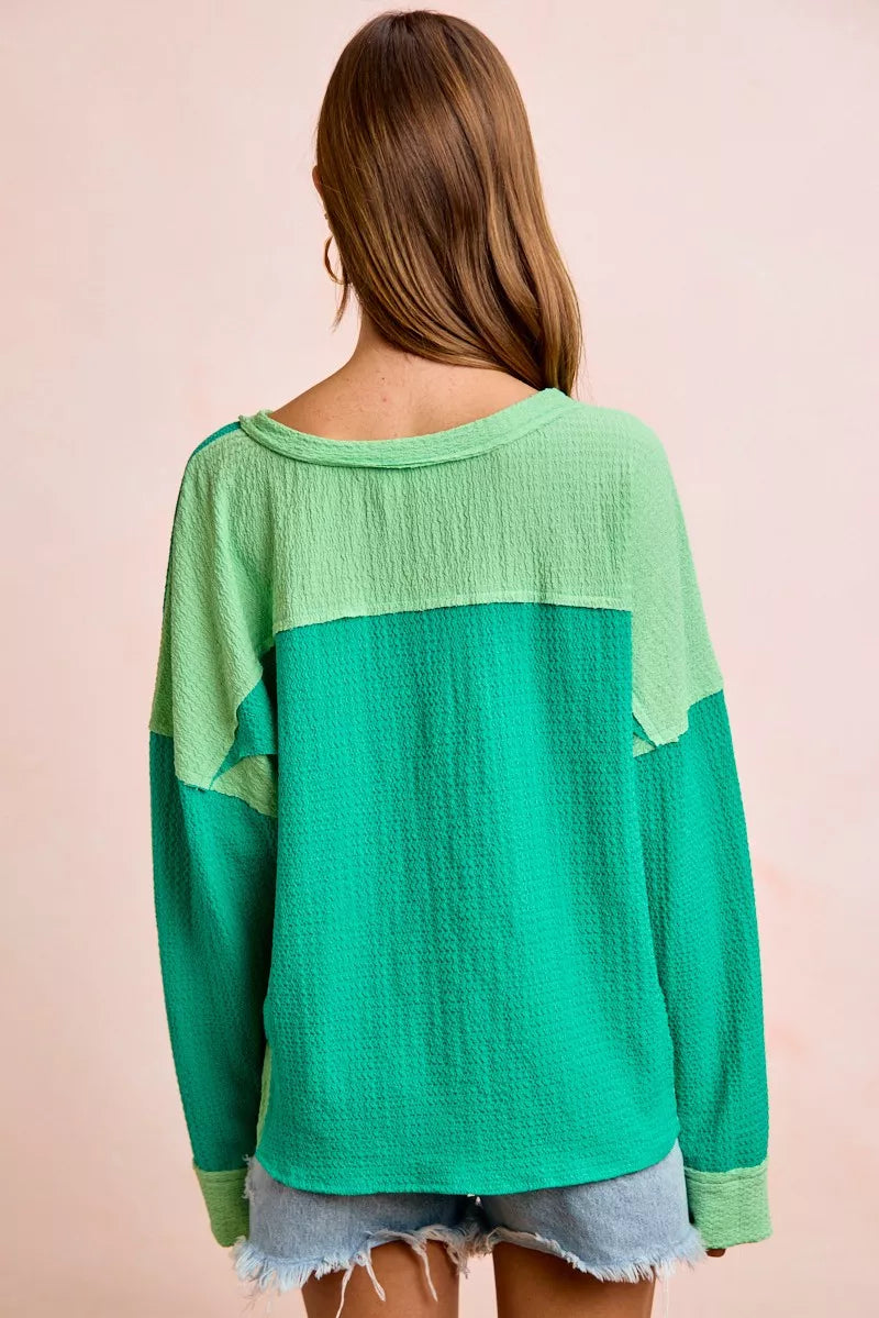 Textured Color Block V-Neck Pullover -