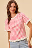Gingham Ruffle Knit Sweater Top - PINK