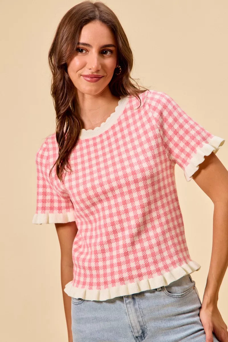 Gingham Ruffle Knit Sweater Top - PINK Main image