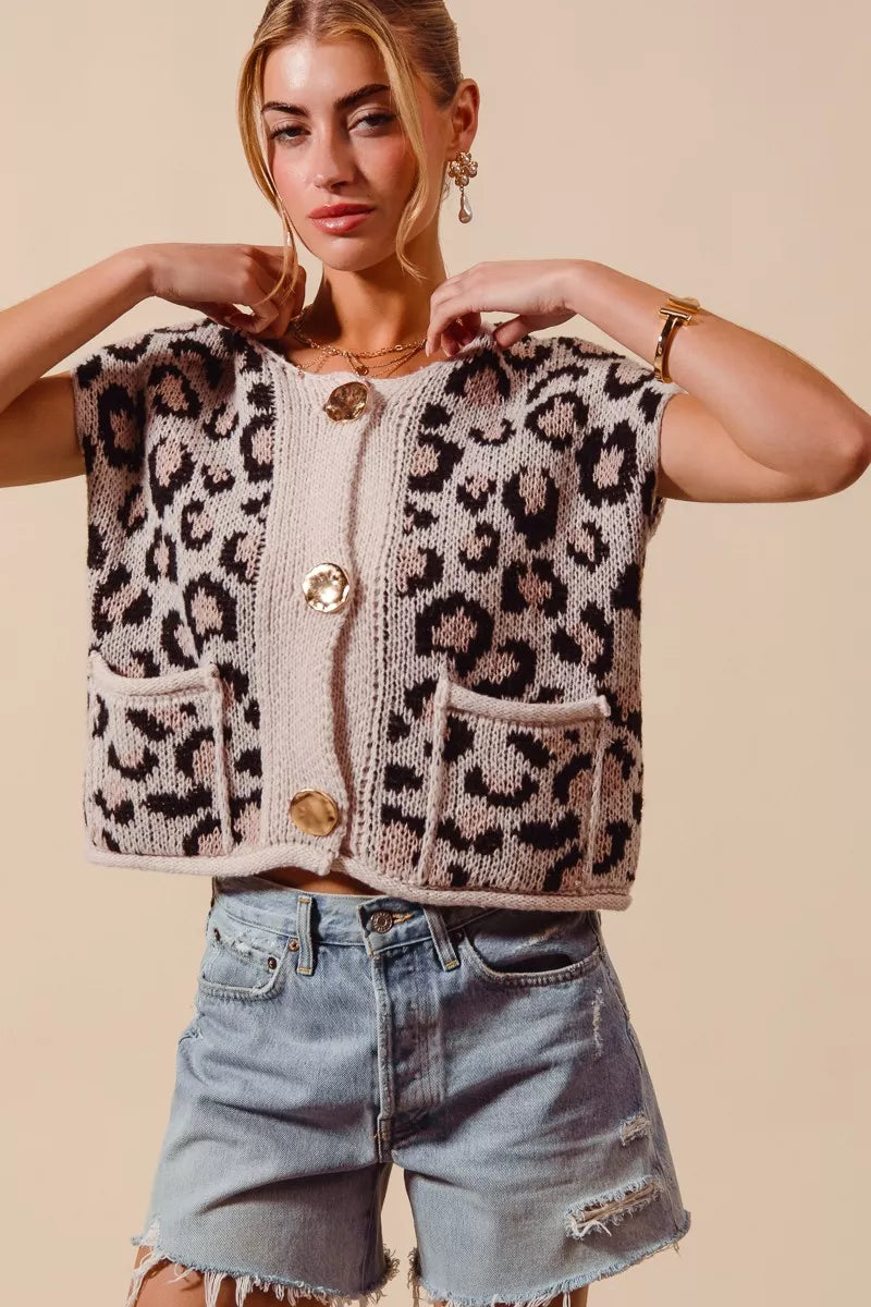 Leopard Metal Button Sweater Vest -