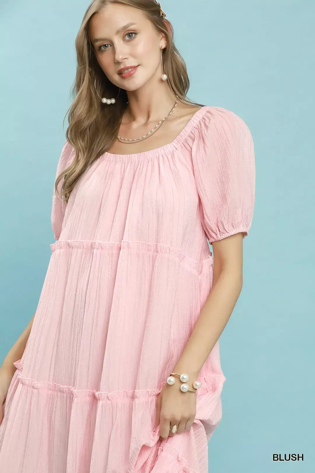 Textured Tiered Puff Sleeve Dress -