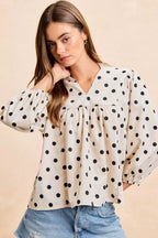 Polka Dot V Neck Blouse - IVORY BLACK