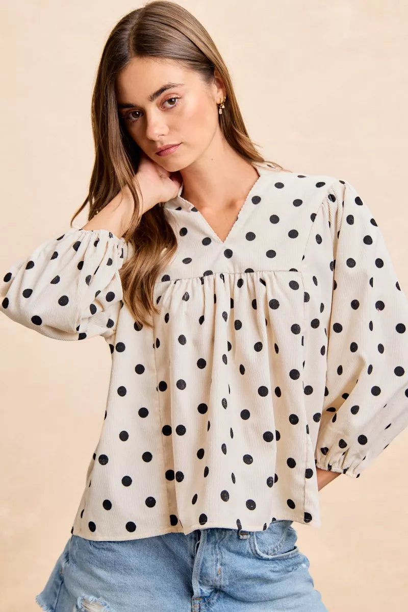 Polka Dot V Neck Blouse - IVORY BLACK Main image