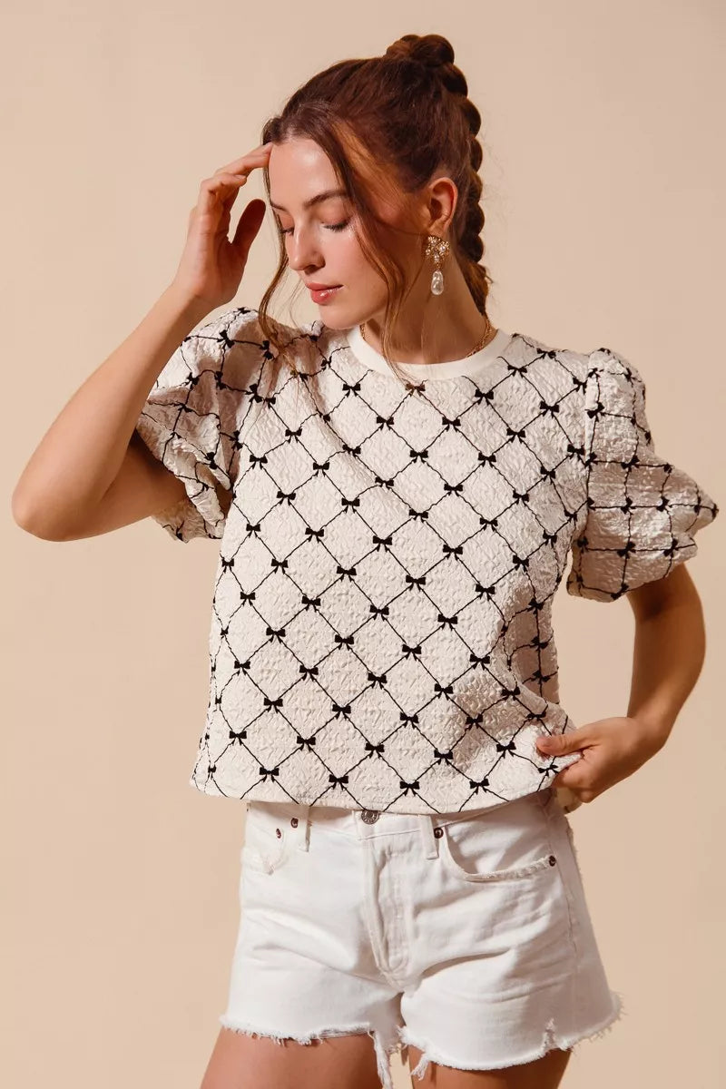 Textured Bubble Sleeve Woven Top -