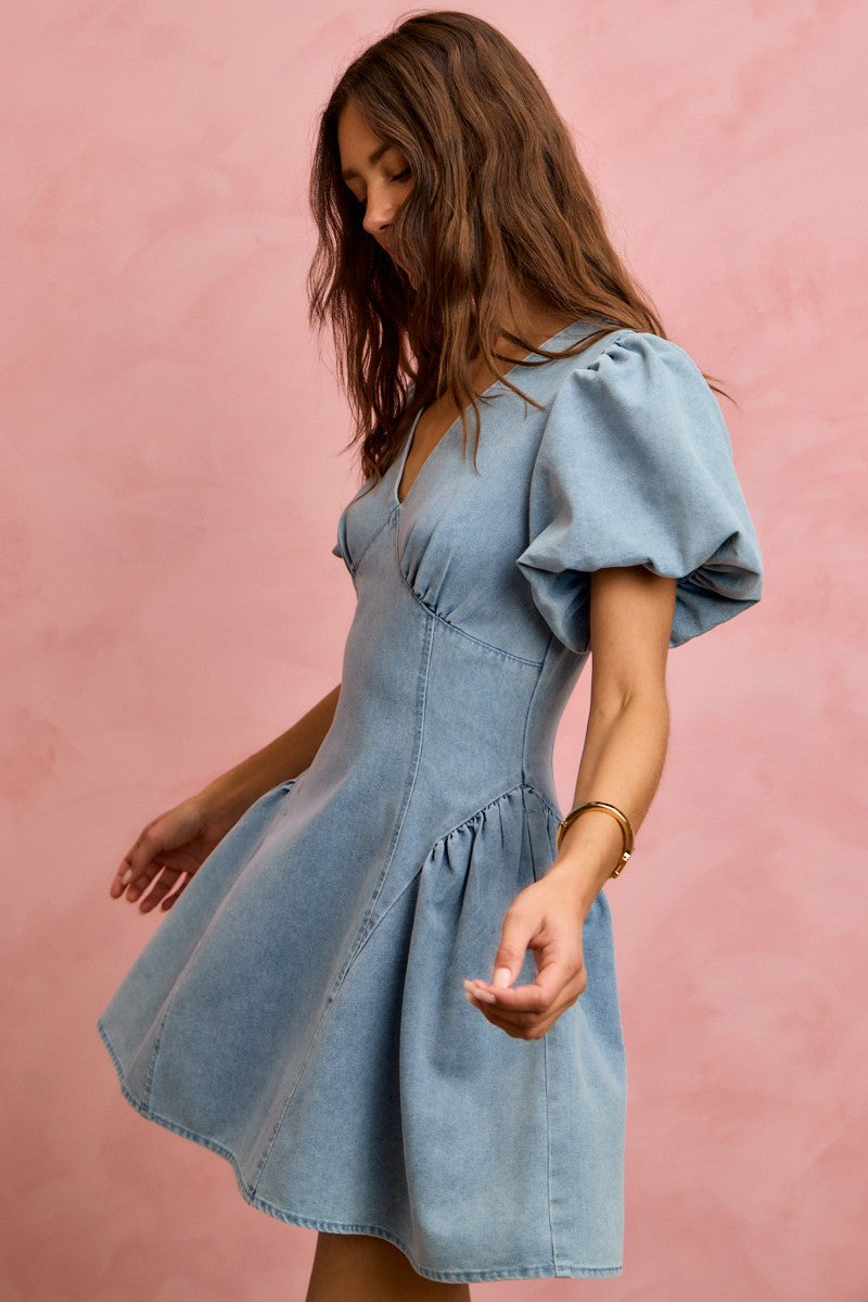 Denim Puff Sleeve Mini Dress -