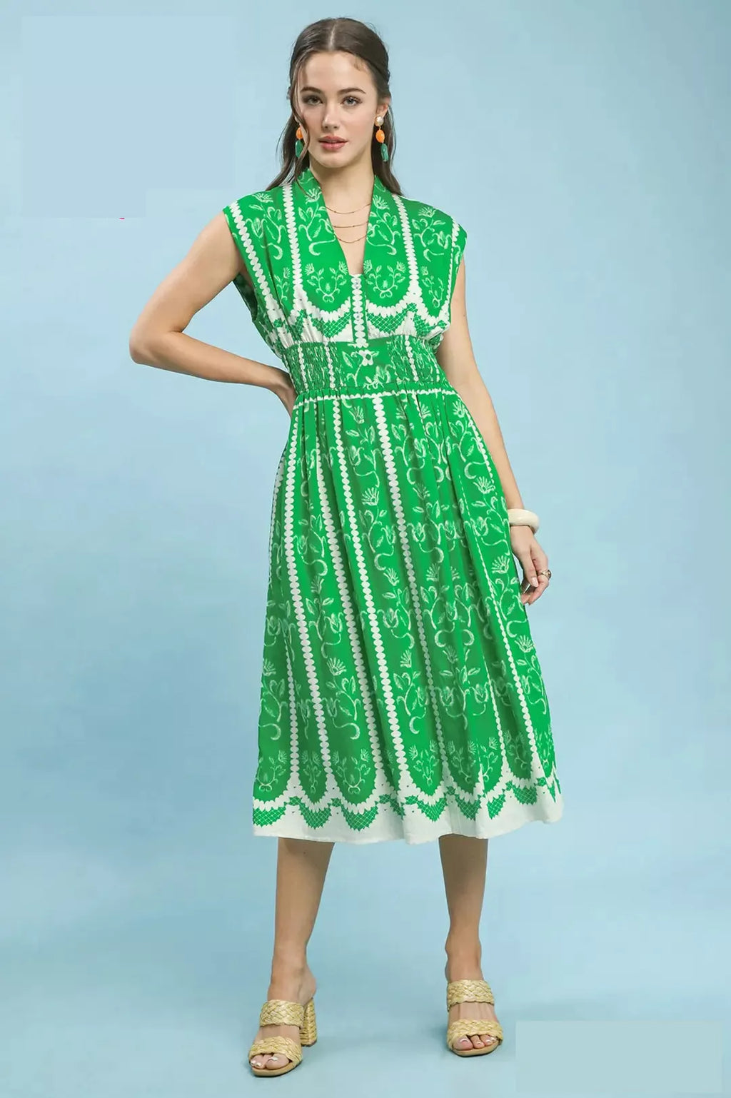 Smocked Detail Midi Dress - ISLAND GREEN