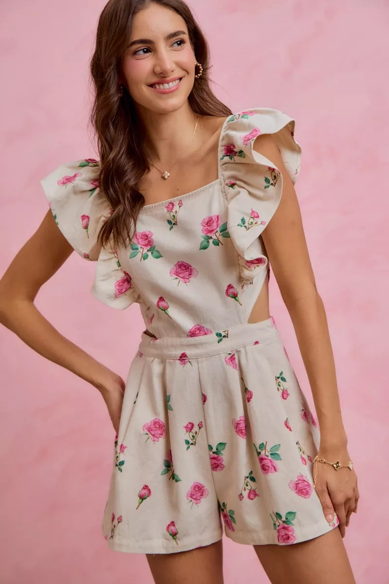 Floral Ruffle Cutout Denim Romper -