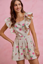 Floral Ruffle Cutout Denim Romper -