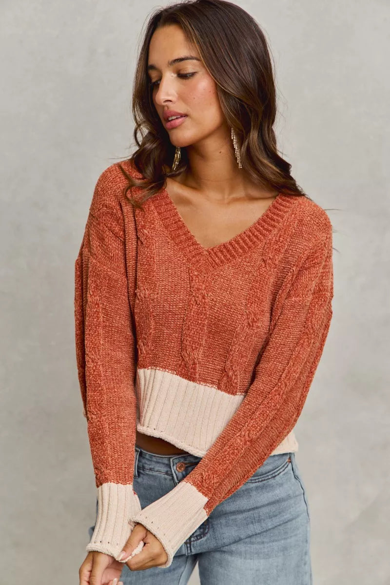 Chenille Cable Knit V Neck Sweater -