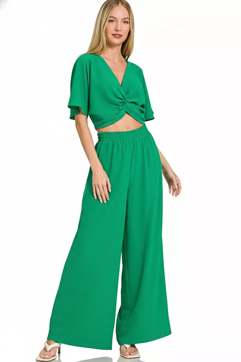 K Green Airflow Twist Top Wide Leg Set -