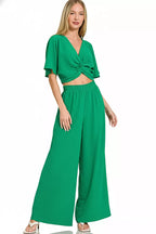 K Green Airflow Twist Top Wide Leg Set -