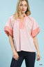 Striped Mixed Puff Sleeve Blouse - Pink