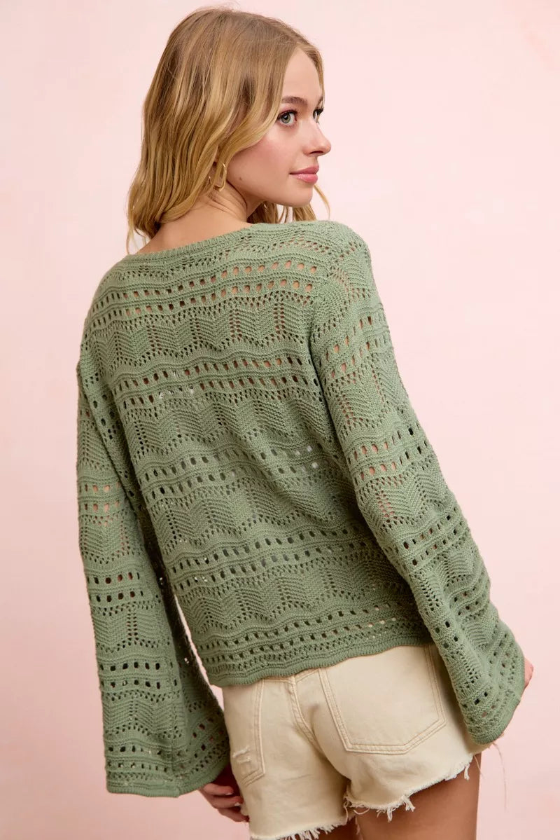 Pointelle Ruched V Neck Sweater -