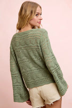 Pointelle Ruched V Neck Sweater -