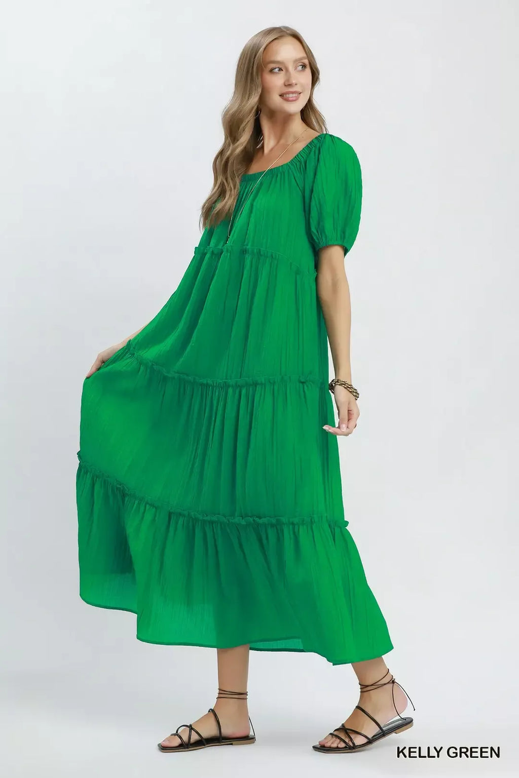 Textured Puff Sleeve Tiered Midi Dress -