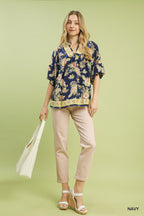Floral Border Print V-Neck Blouse -
