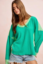 Textured Color Block V-Neck Pullover -