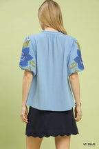 Floral Sleeve Jacquard Blouse -