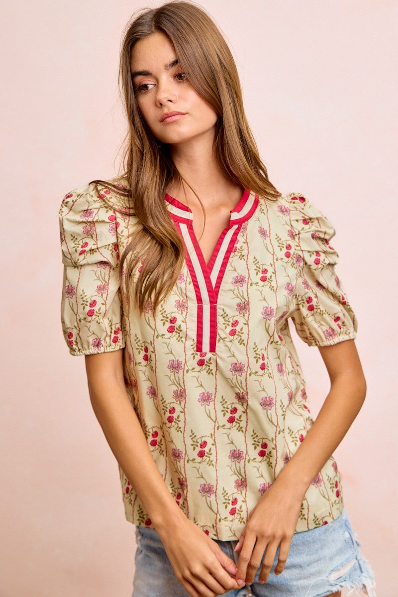 Floral Contrast Neck Puff Blouse -