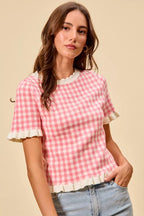 Gingham Ruffle Knit Sweater Top -