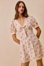 Cream Floral Lace Trim Mini Dress - CREAM