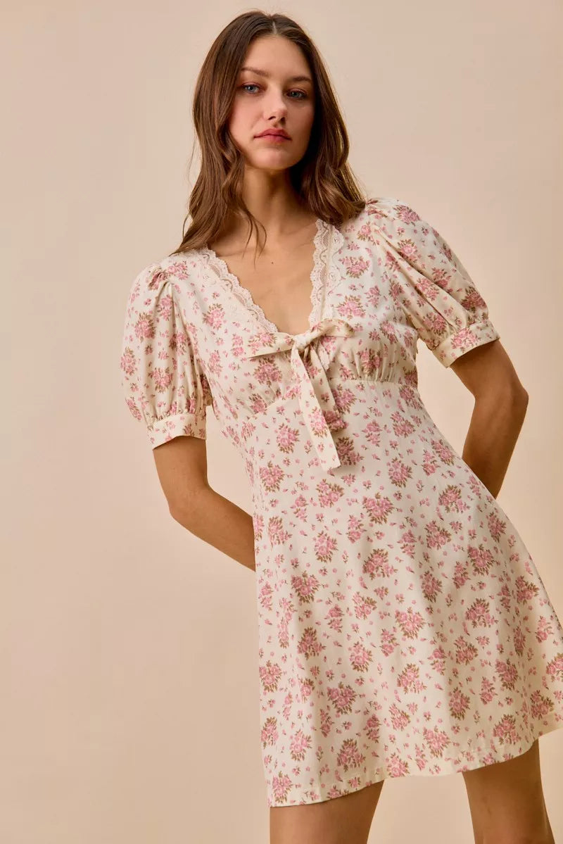 Cream Floral Lace Trim Mini Dress - CREAM Main image