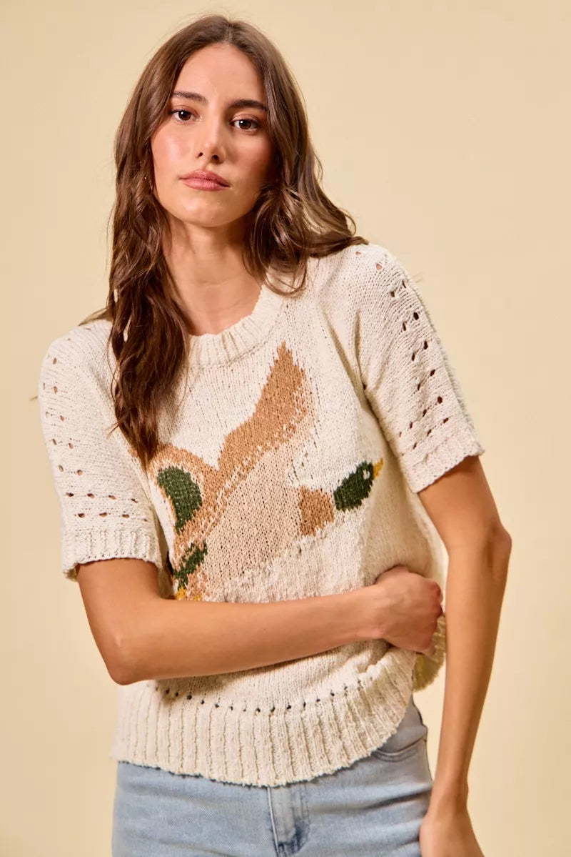 Duck Pattern Short Sleeve Sweater -